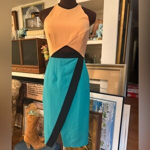 Shona Joy Asymmetrical Dress in Orange and Teal